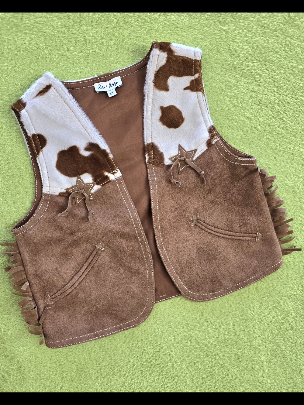NWOT 3T GIRLS  Faux Suede Cowgirl VEST & Fringe Brown & White  Lined Le TOP (Q1)